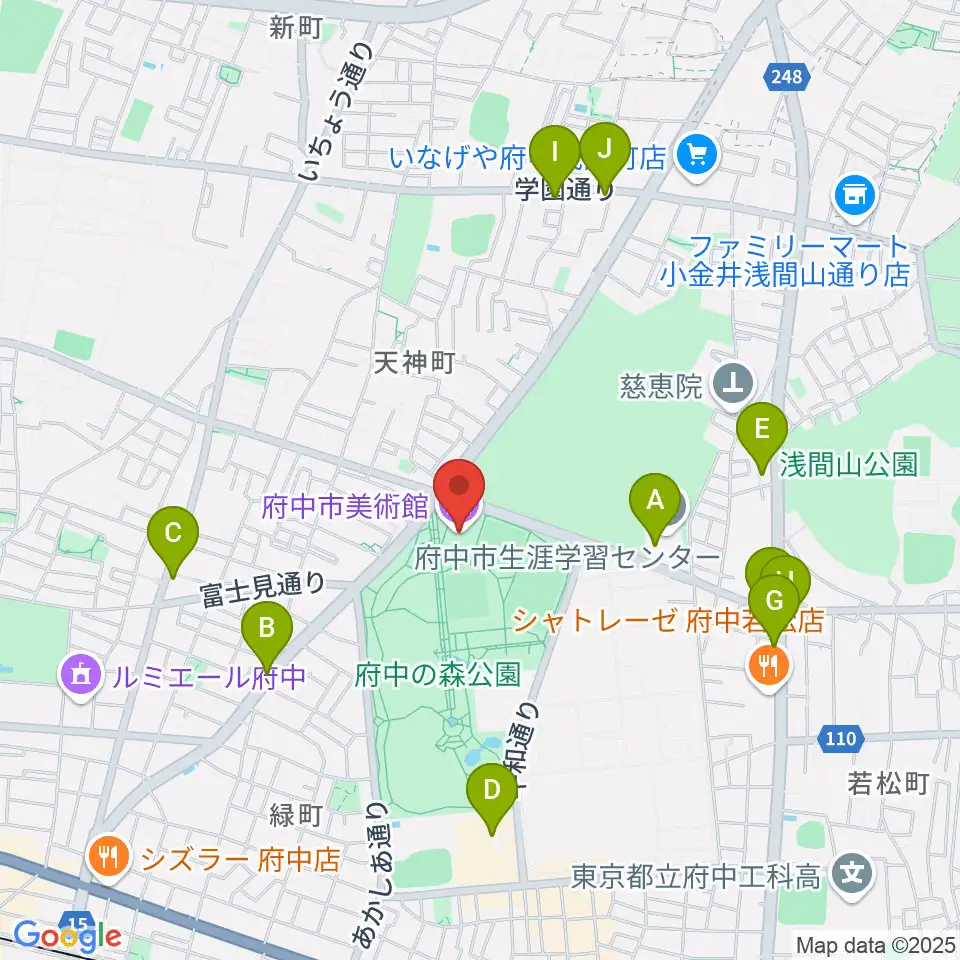府中市美術館周辺のファミレス・ファーストフード一覧地図