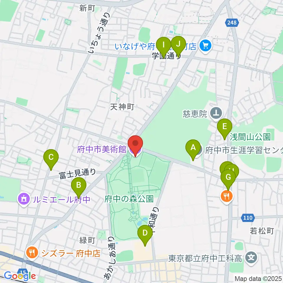 府中市美術館周辺のファミレス・ファーストフード一覧地図