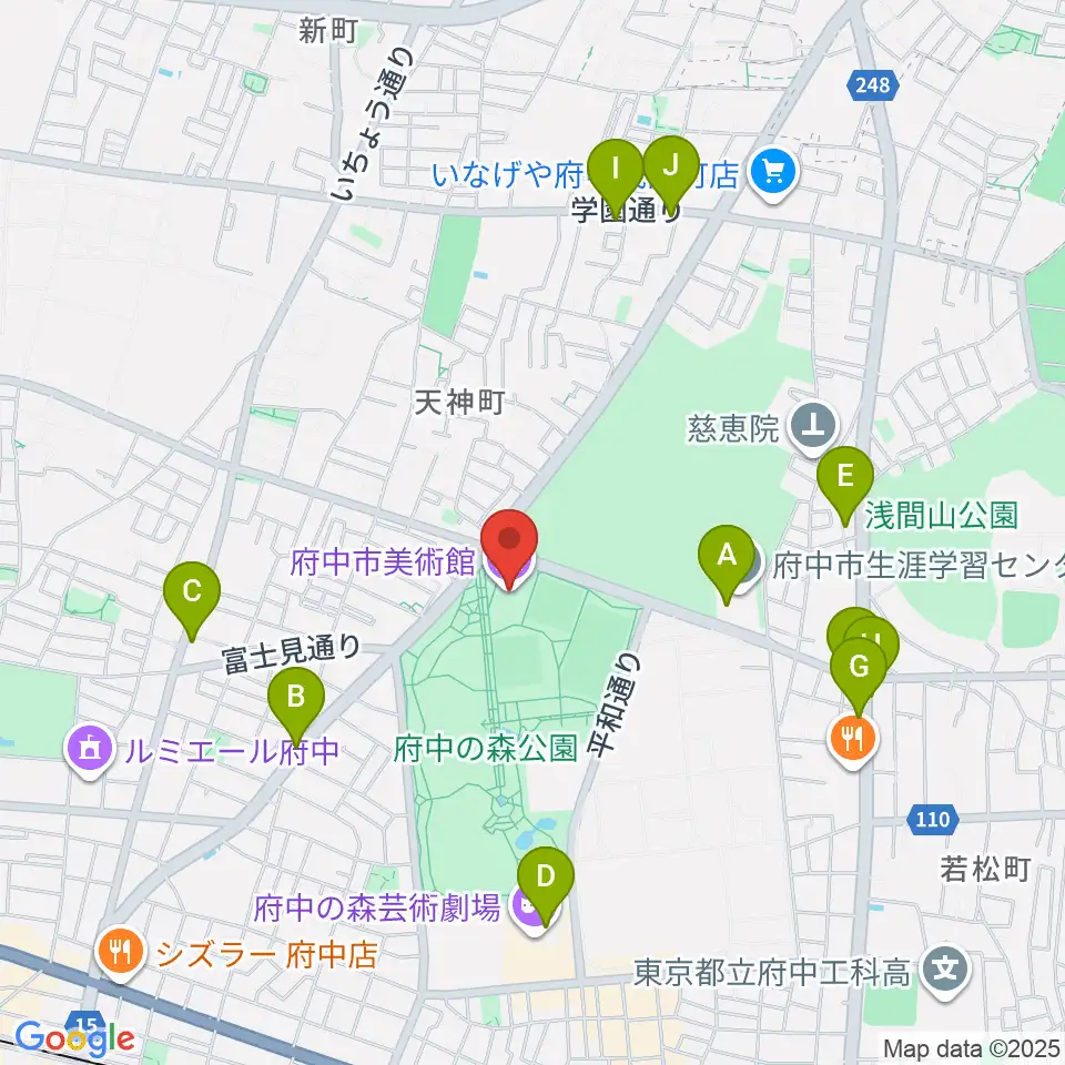府中市美術館周辺のファミレス・ファーストフード一覧地図