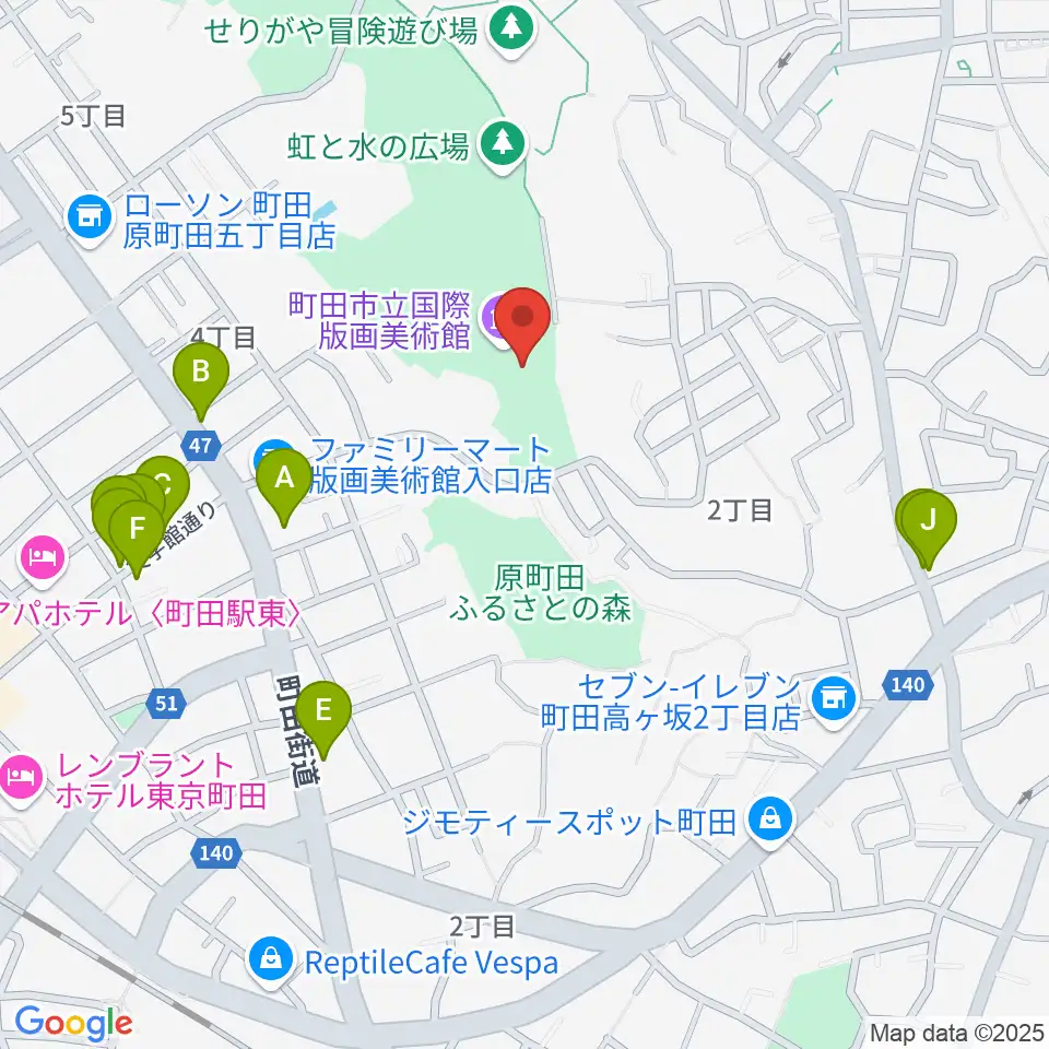 町田市立国際版画美術館周辺のファミレス・ファーストフード一覧地図