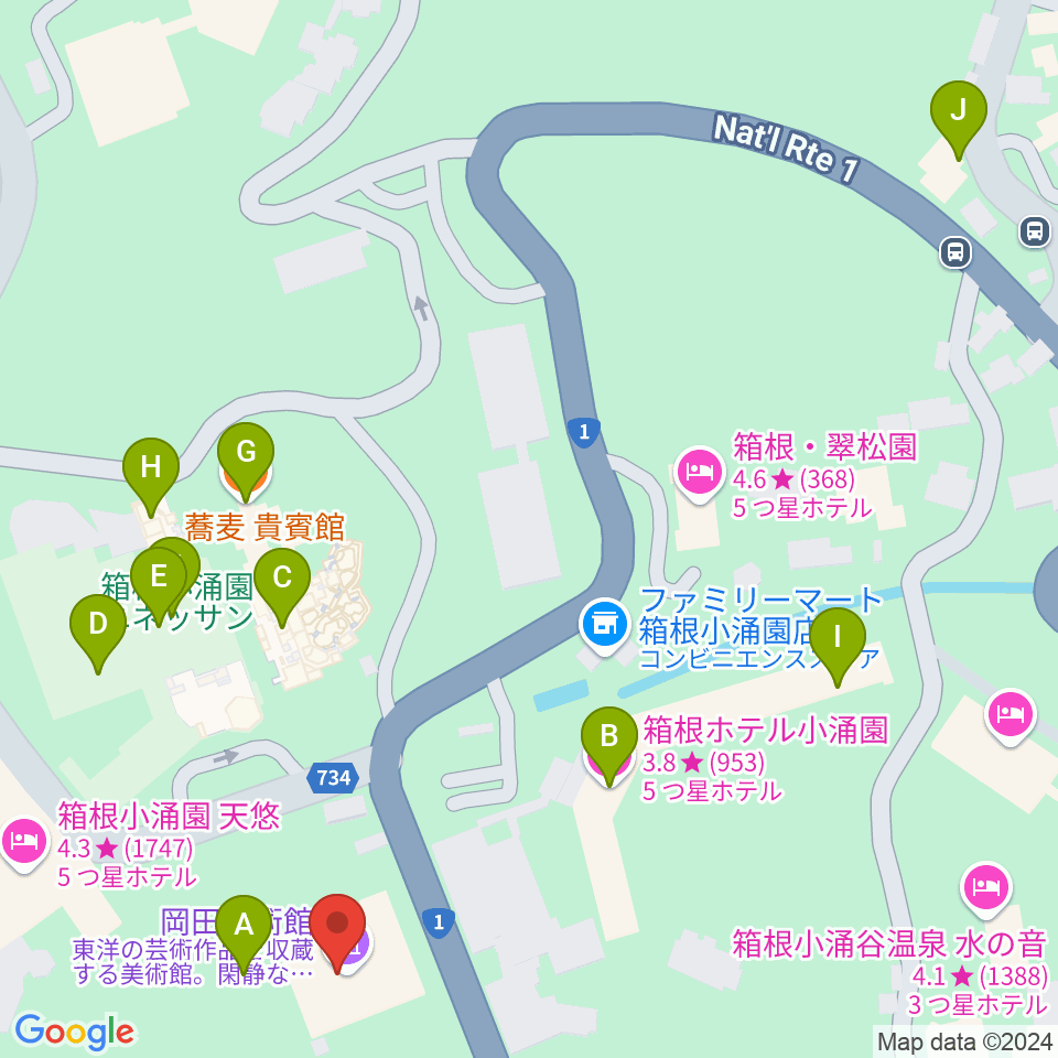 岡田美術館周辺のファミレス・ファーストフード一覧地図