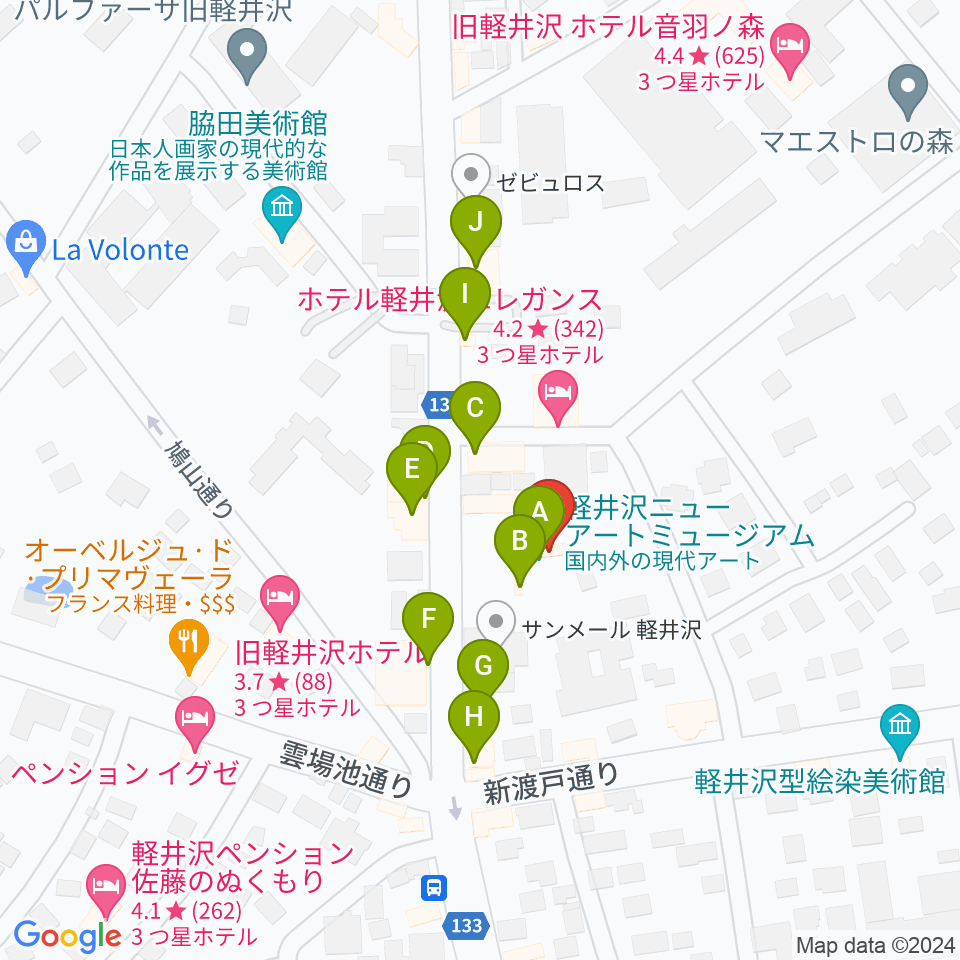 軽井沢ニューアートミュージアム周辺のファミレス・ファーストフード一覧地図