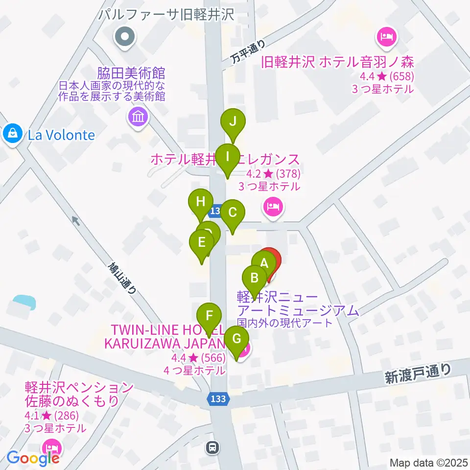 軽井沢ニューアートミュージアム周辺のファミレス・ファーストフード一覧地図