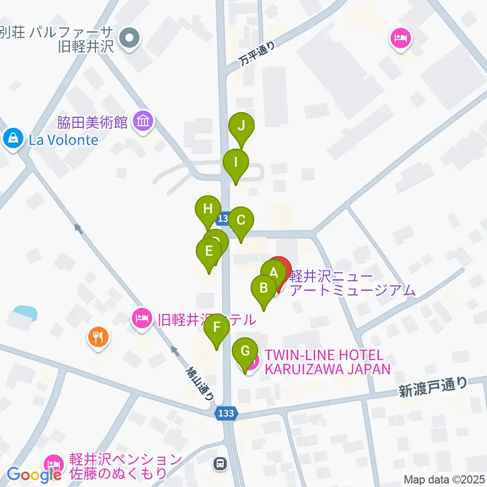 軽井沢ニューアートミュージアム周辺のファミレス・ファーストフード一覧地図