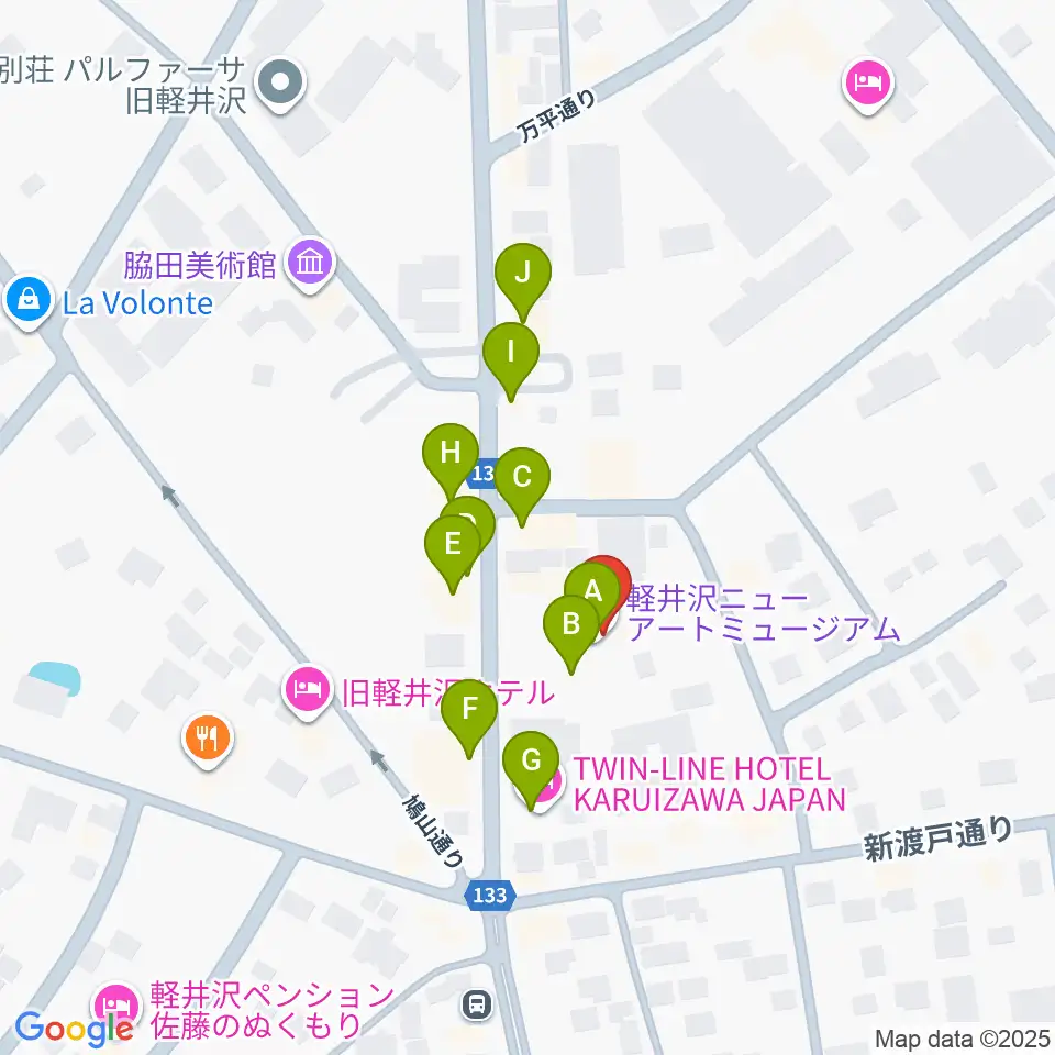 軽井沢ニューアートミュージアム周辺のファミレス・ファーストフード一覧地図