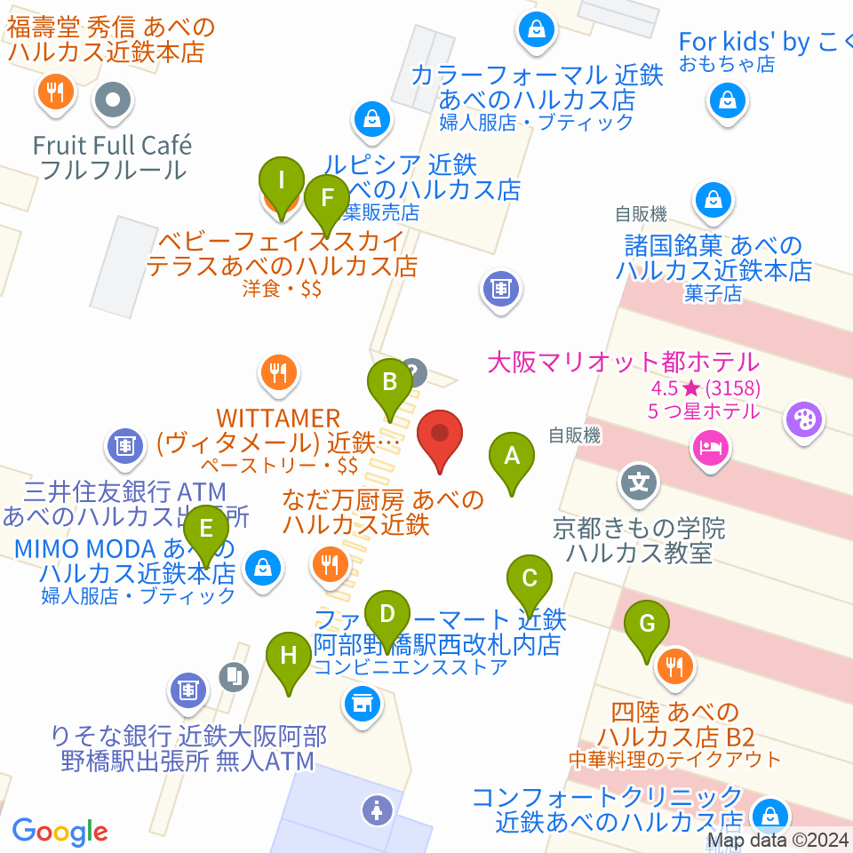 あべのハルカス美術館周辺のファミレス・ファーストフード一覧地図