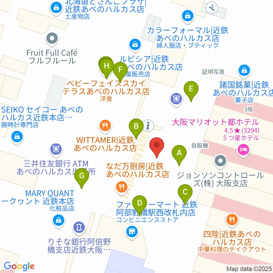 あべのハルカス美術館周辺のファミレス・ファーストフード一覧地図