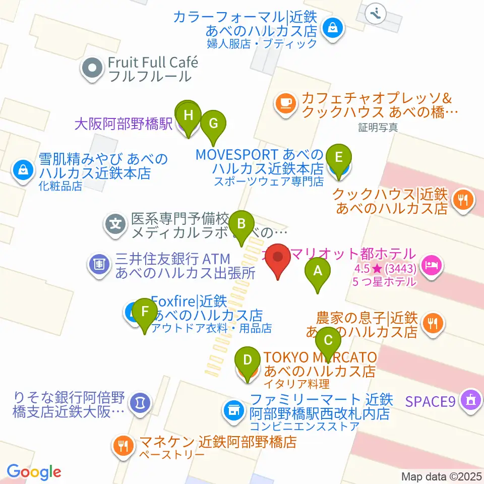 あべのハルカス美術館周辺のファミレス・ファーストフード一覧地図