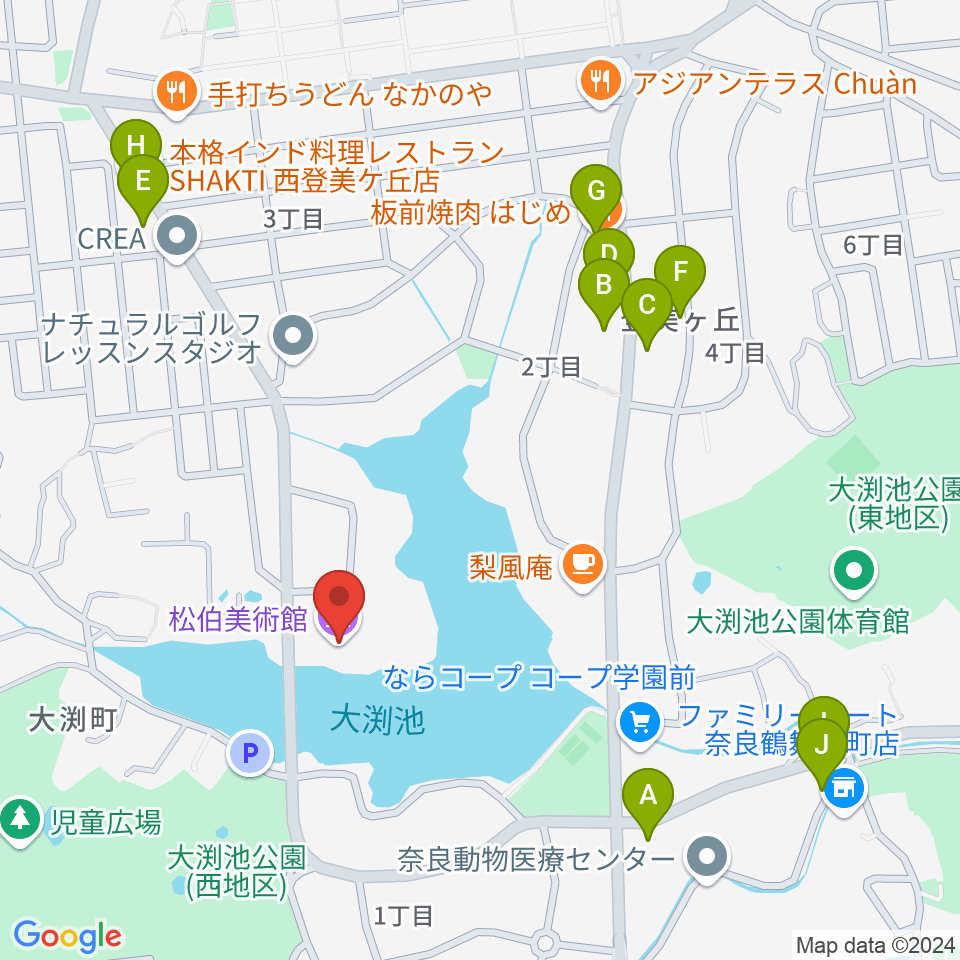 松伯美術館周辺のファミレス・ファーストフード一覧地図