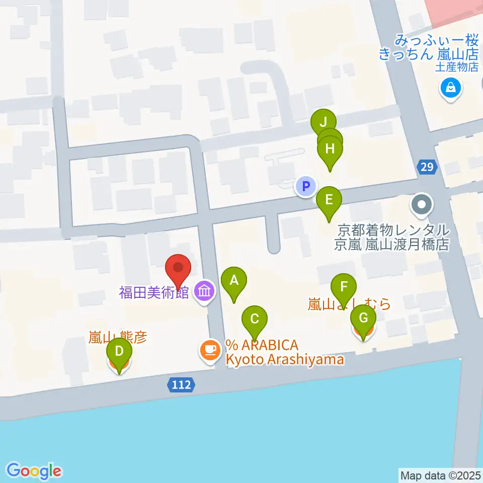 福田美術館周辺のファミレス・ファーストフード一覧地図