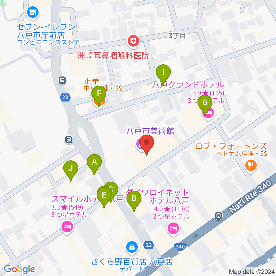 八戸市美術館周辺のファミレス・ファーストフード一覧地図