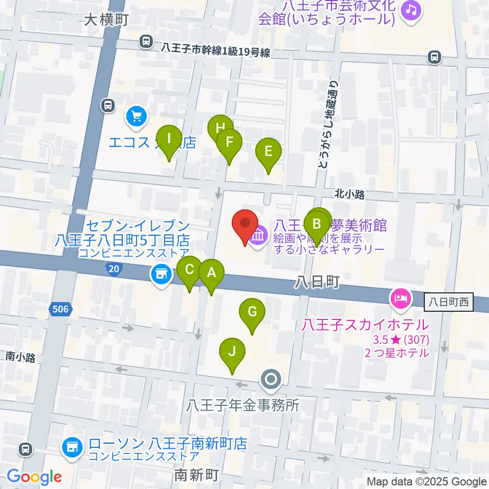 八王子市夢美術館周辺のファミレス・ファーストフード一覧地図
