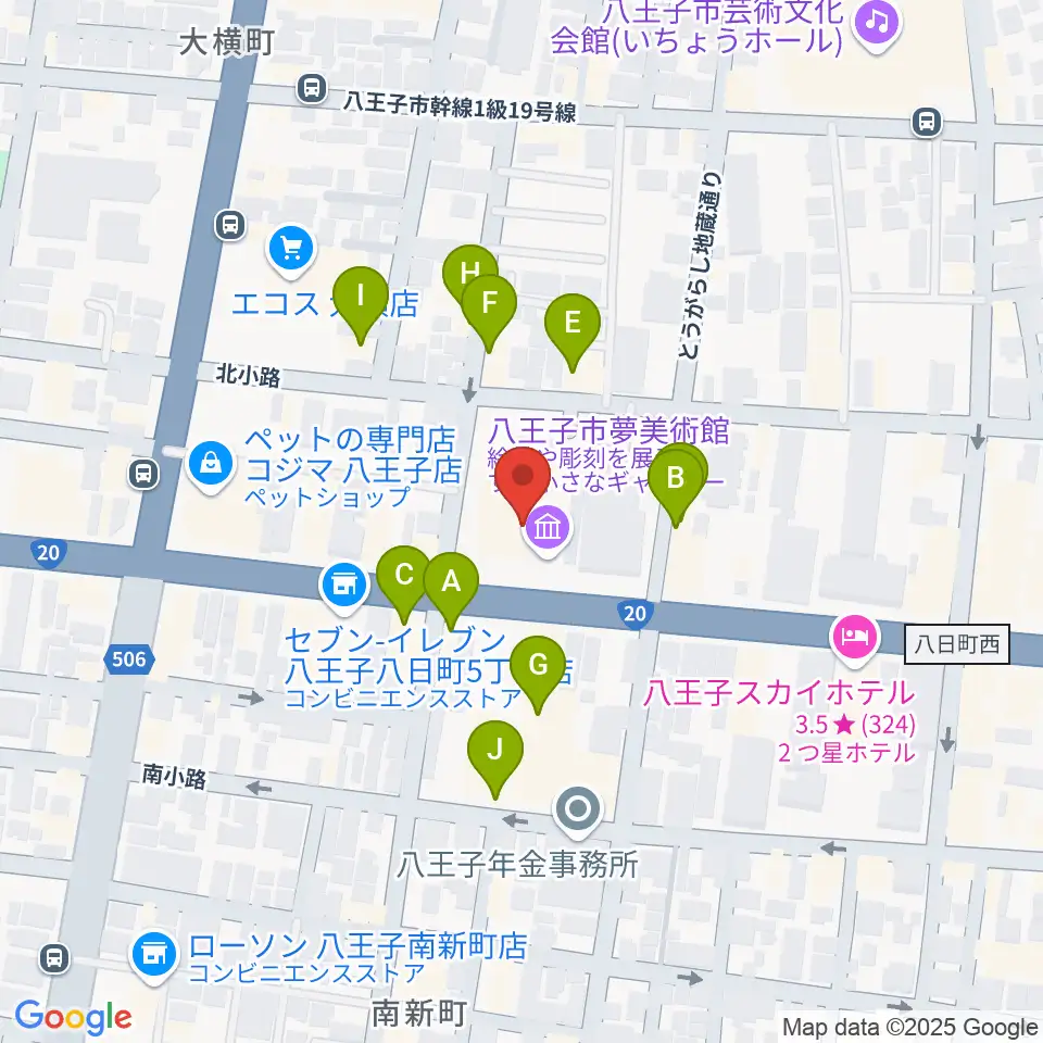 八王子市夢美術館周辺のファミレス・ファーストフード一覧地図