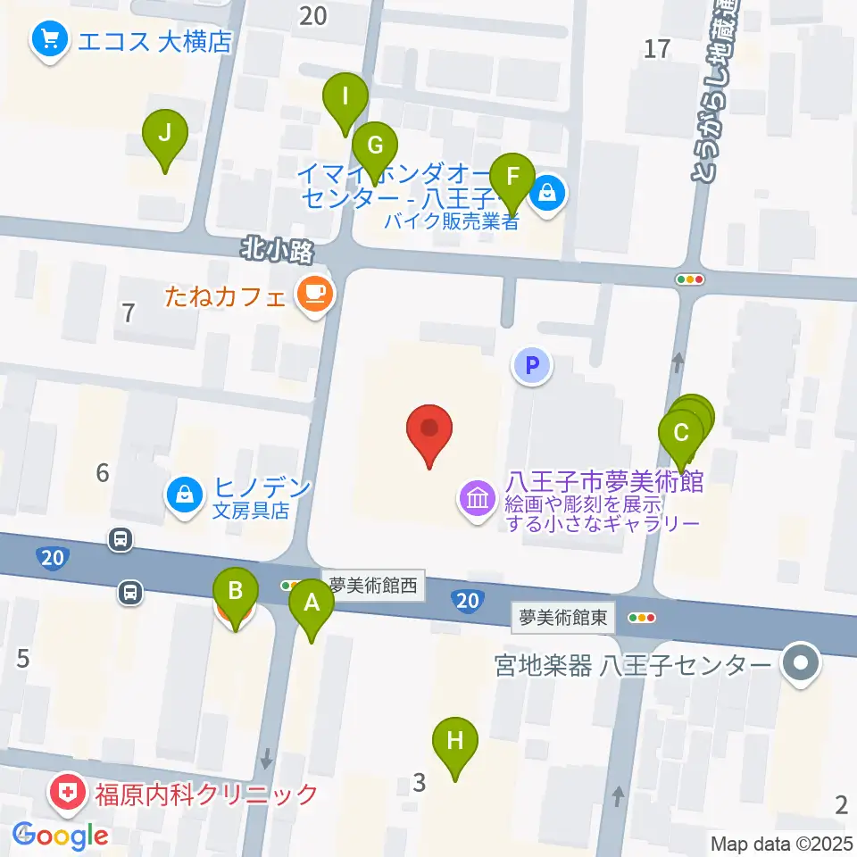 八王子市夢美術館周辺のファミレス・ファーストフード一覧地図