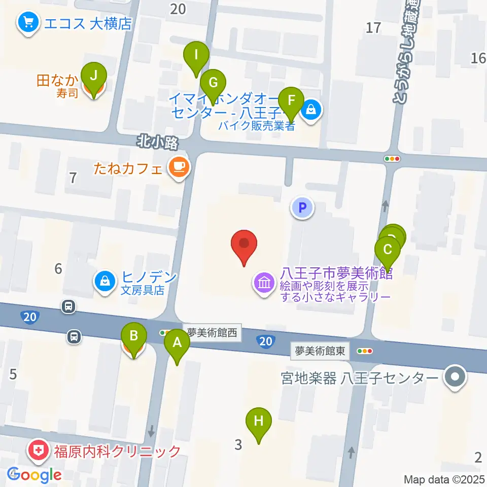 八王子市夢美術館周辺のファミレス・ファーストフード一覧地図