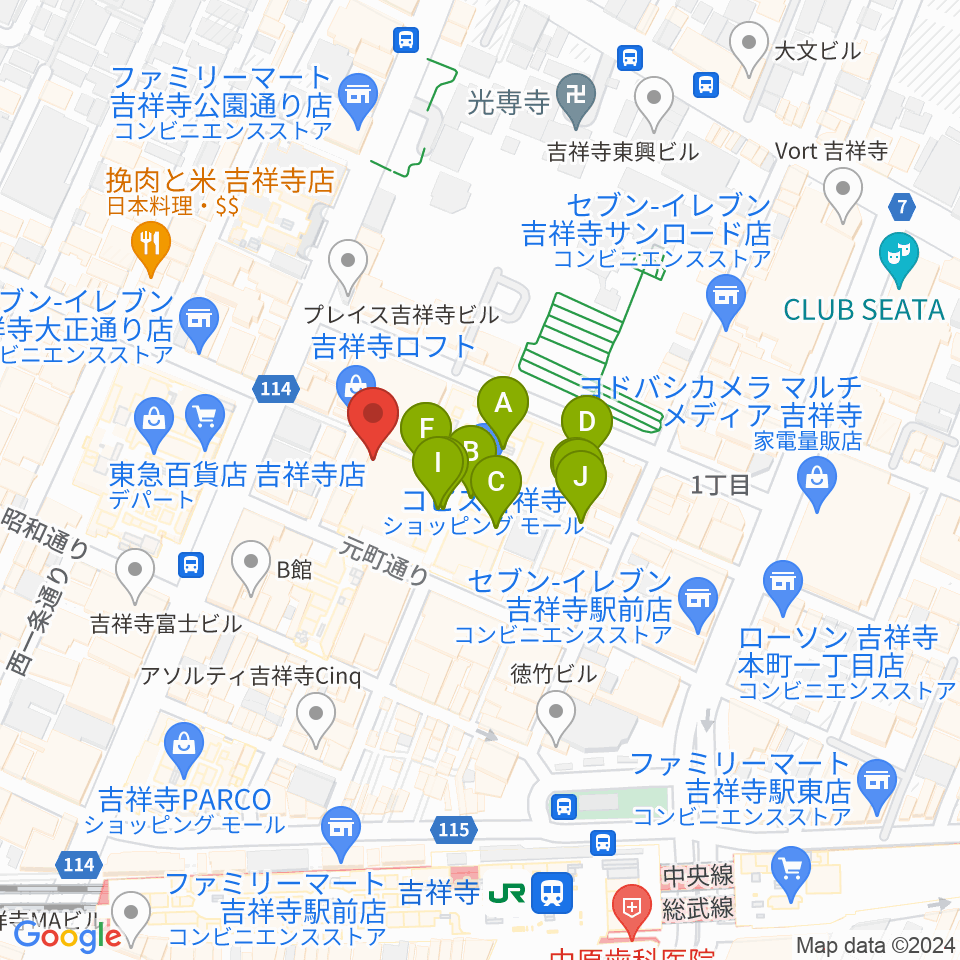 吉祥寺美術館周辺のファミレス・ファーストフード一覧地図