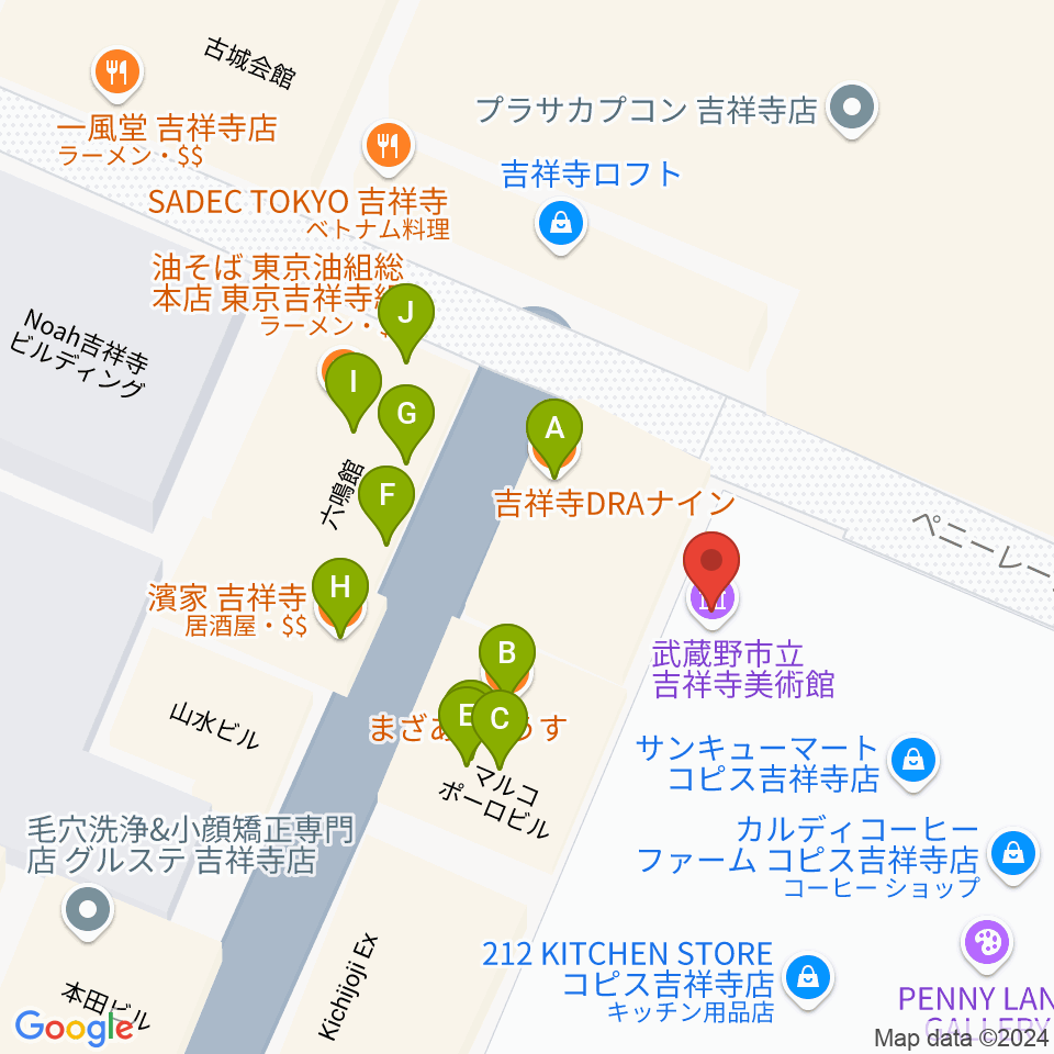 吉祥寺美術館周辺のファミレス・ファーストフード一覧地図