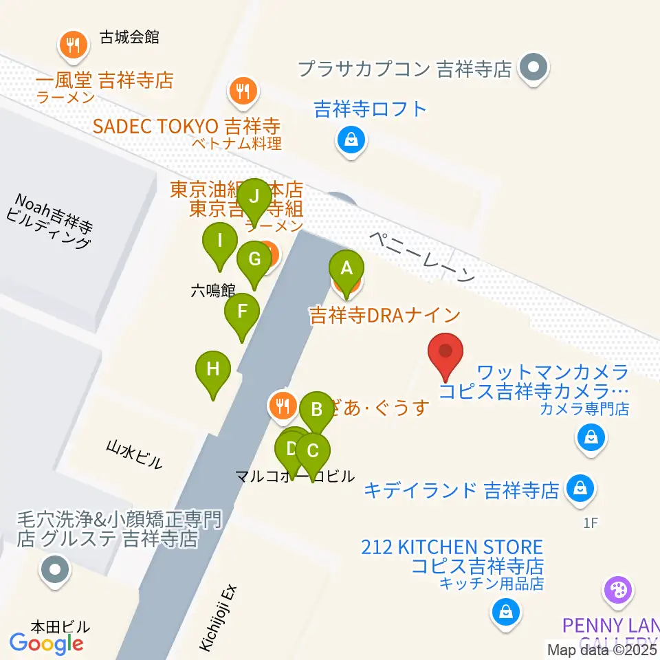 吉祥寺美術館周辺のファミレス・ファーストフード一覧地図
