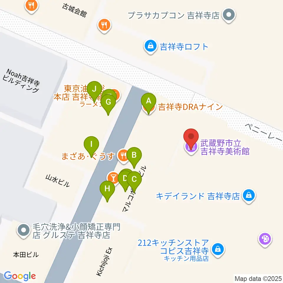吉祥寺美術館周辺のファミレス・ファーストフード一覧地図