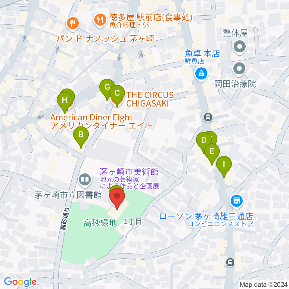 茅ヶ崎市美術館周辺のファミレス・ファーストフード一覧地図