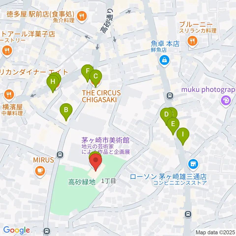茅ヶ崎市美術館周辺のファミレス・ファーストフード一覧地図