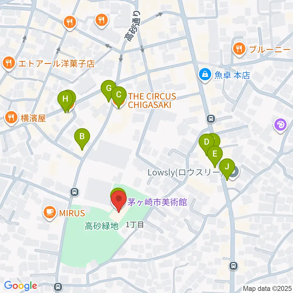 茅ヶ崎市美術館周辺のファミレス・ファーストフード一覧地図