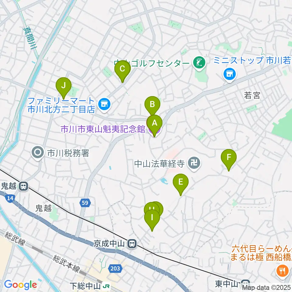 市川市東山魁夷記念館周辺のファミレス・ファーストフード一覧地図