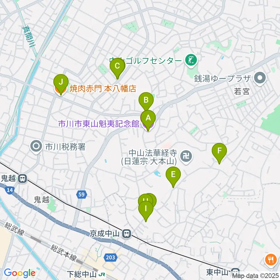 市川市東山魁夷記念館周辺のファミレス・ファーストフード一覧地図