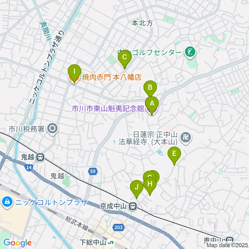 市川市東山魁夷記念館周辺のファミレス・ファーストフード一覧地図