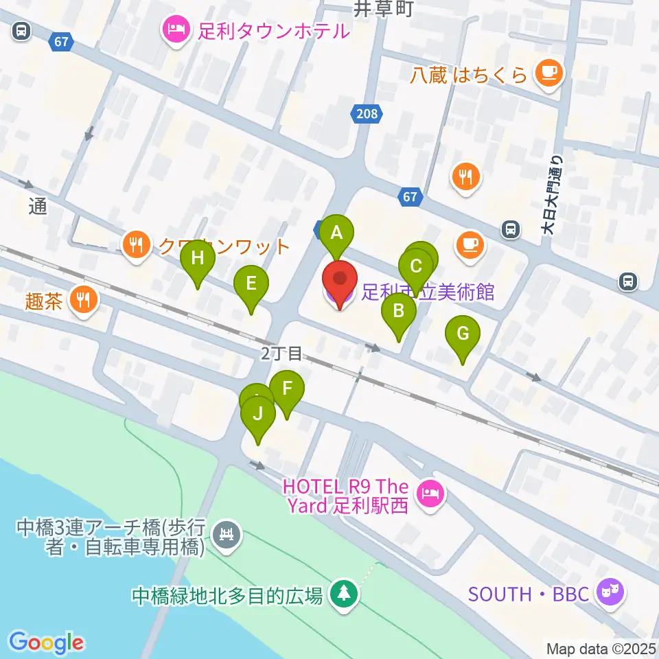 足利市立美術館周辺のファミレス・ファーストフード一覧地図