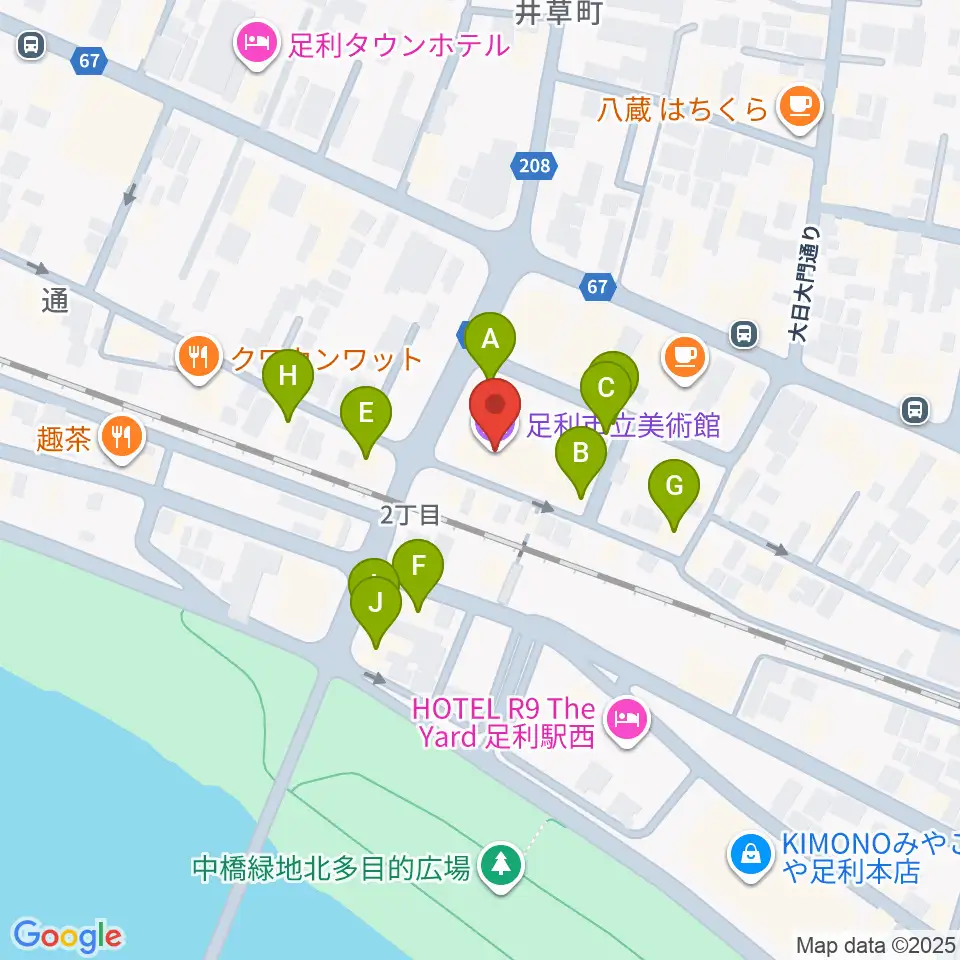 足利市立美術館周辺のファミレス・ファーストフード一覧地図