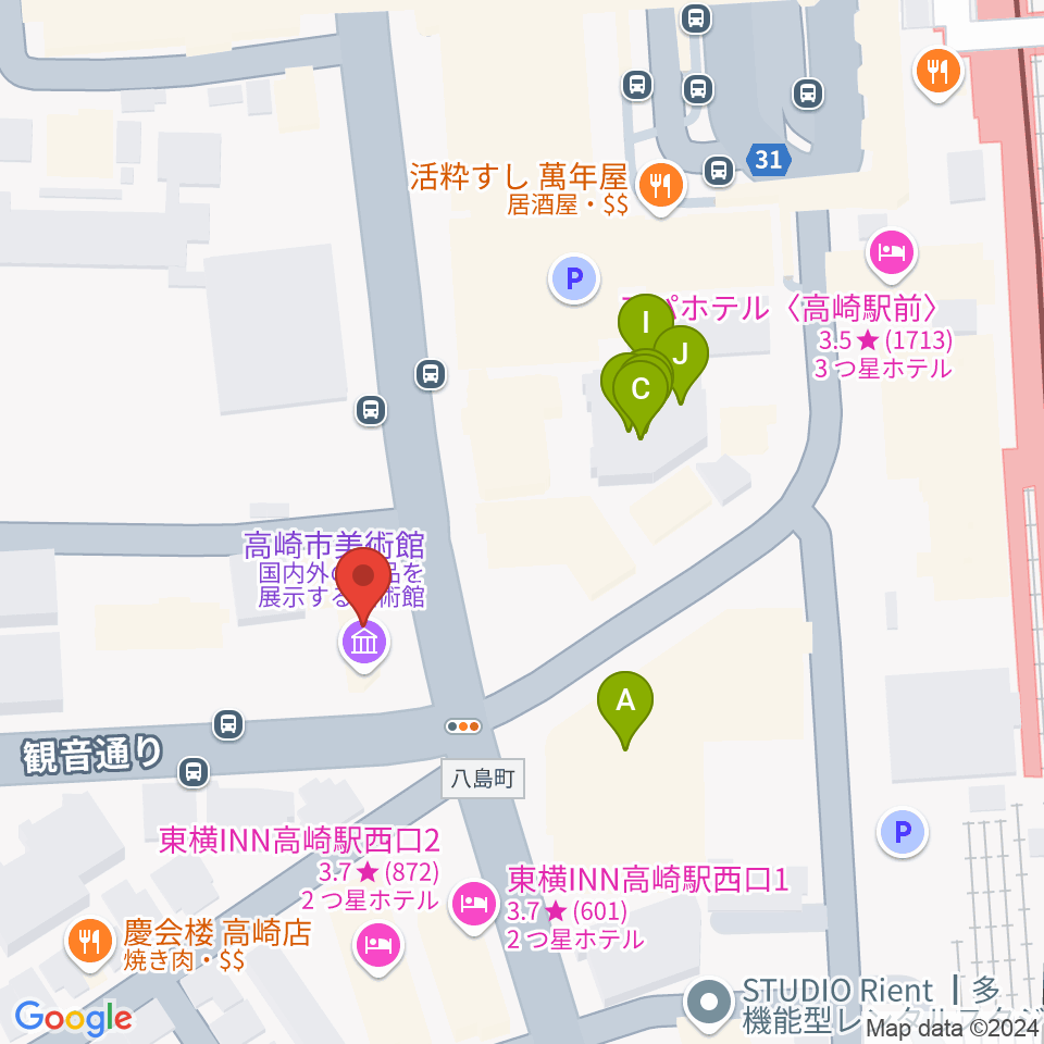 高崎市美術館周辺のファミレス・ファーストフード一覧地図