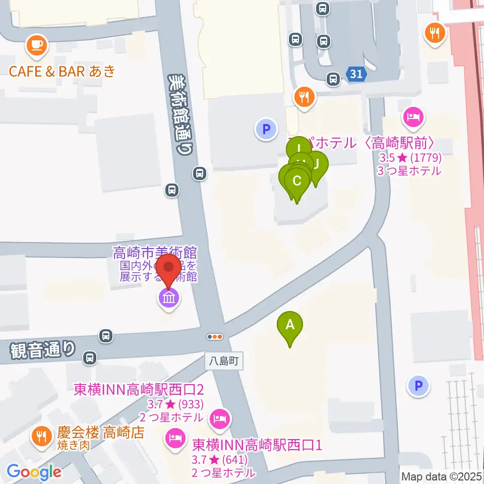 高崎市美術館周辺のファミレス・ファーストフード一覧地図