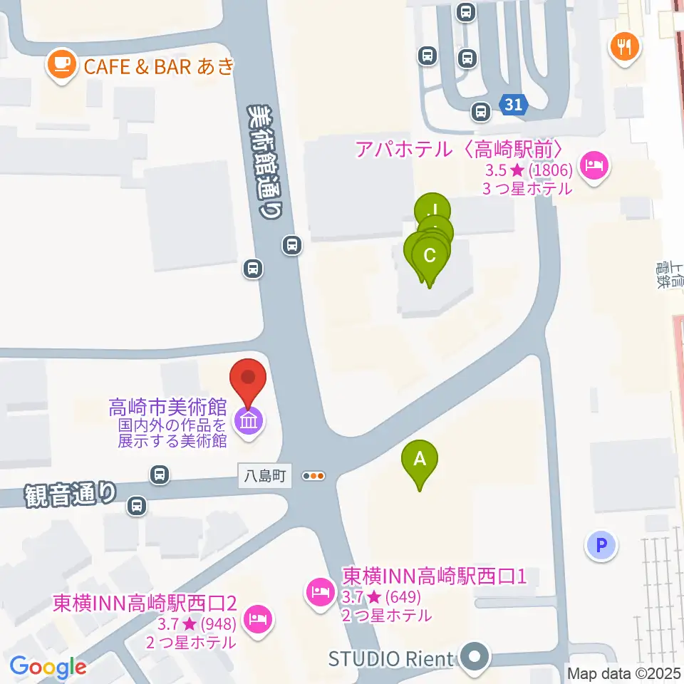 高崎市美術館周辺のファミレス・ファーストフード一覧地図