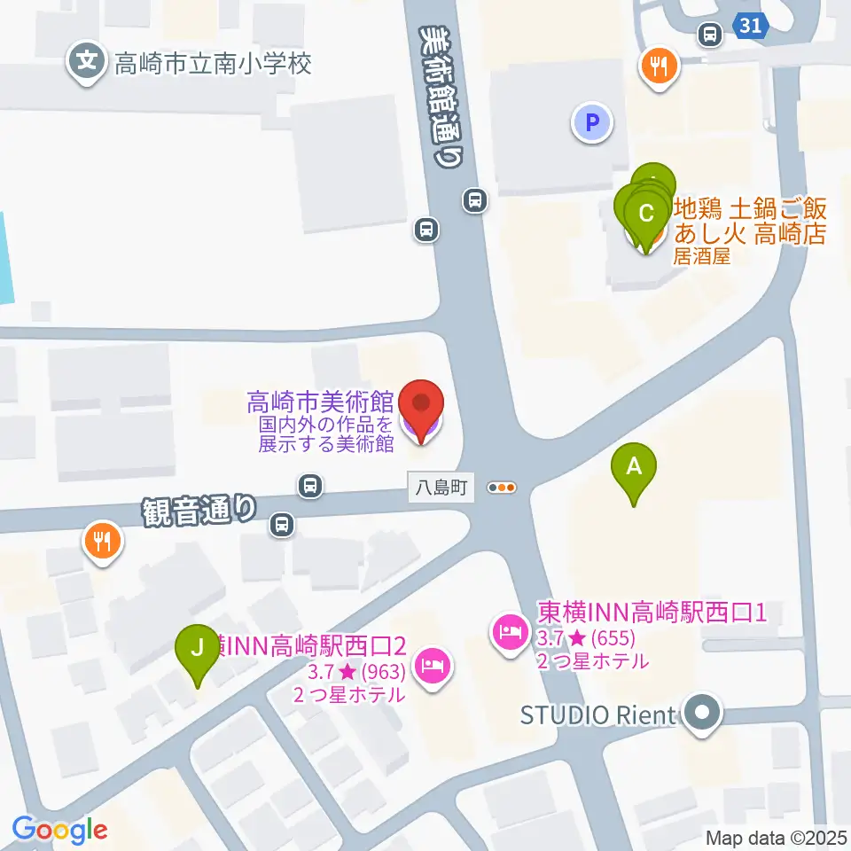 高崎市美術館周辺のファミレス・ファーストフード一覧地図