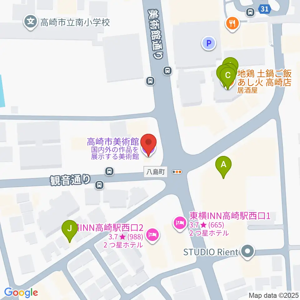 高崎市美術館周辺のファミレス・ファーストフード一覧地図