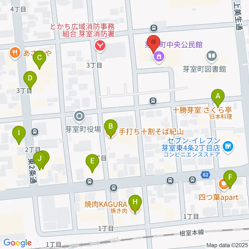 芽室町中央公民館周辺のファミレス・ファーストフード一覧地図