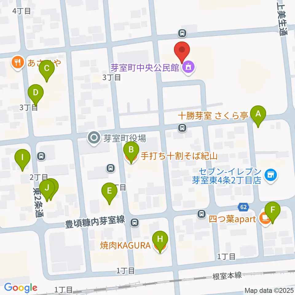 芽室町中央公民館周辺のファミレス・ファーストフード一覧地図