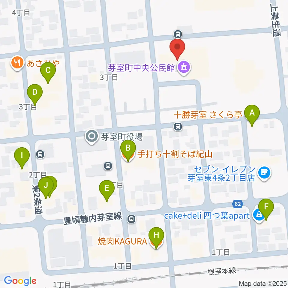 芽室町中央公民館周辺のファミレス・ファーストフード一覧地図