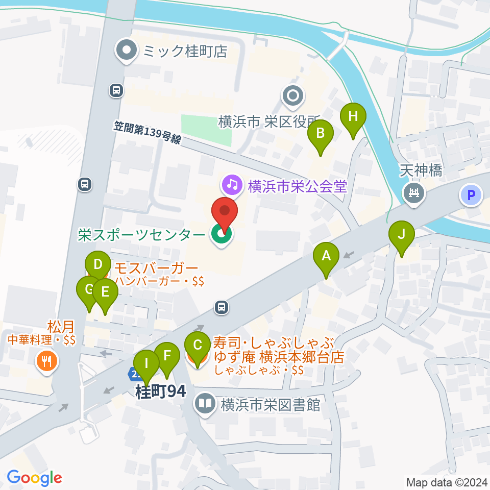 横浜市栄公会堂周辺のファミレス・ファーストフード一覧地図