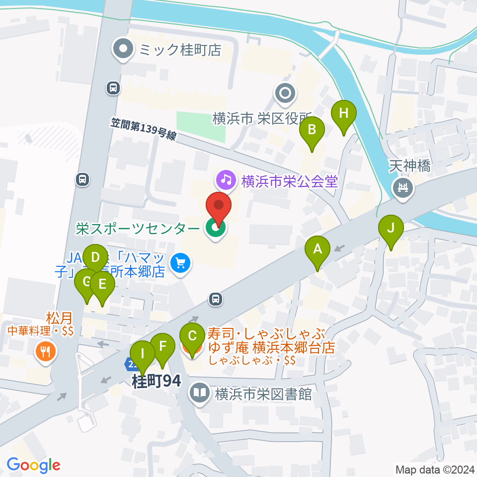 横浜市栄公会堂周辺のファミレス・ファーストフード一覧地図