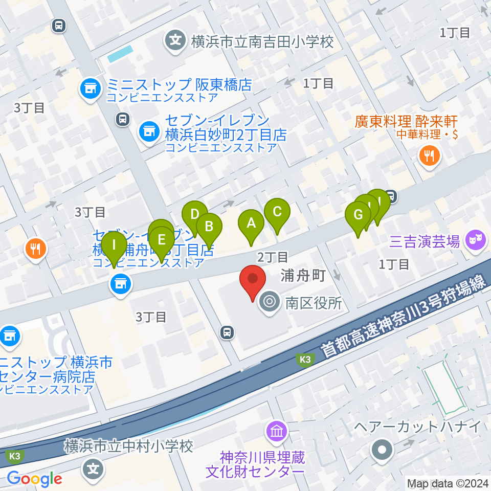 横浜市南公会堂 みなみん周辺のファミレス・ファーストフード一覧地図