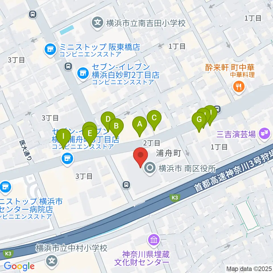 横浜市南公会堂 みなみん周辺のファミレス・ファーストフード一覧地図