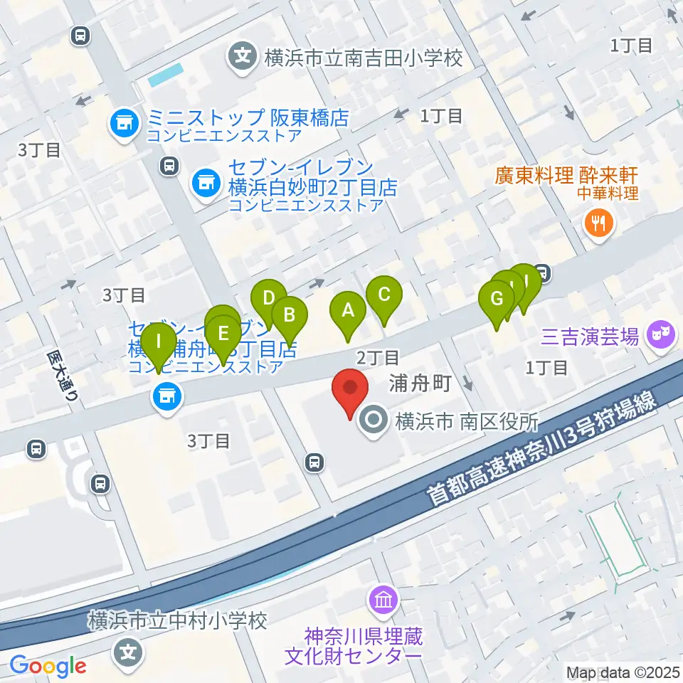 横浜市南公会堂 みなみん周辺のファミレス・ファーストフード一覧地図