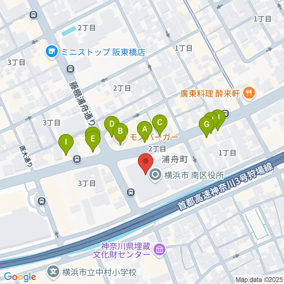 横浜市南公会堂 みなみん周辺のファミレス・ファーストフード一覧地図