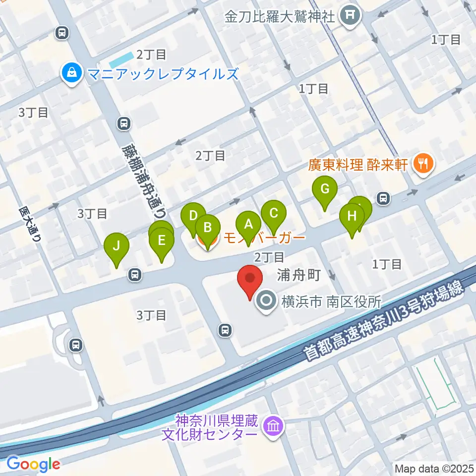 横浜市南公会堂 みなみん周辺のファミレス・ファーストフード一覧地図