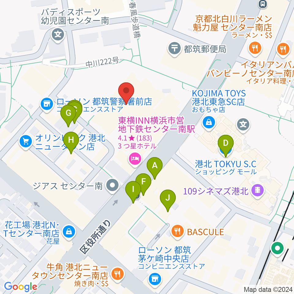 都筑公会堂周辺のファミレス・ファーストフード一覧地図