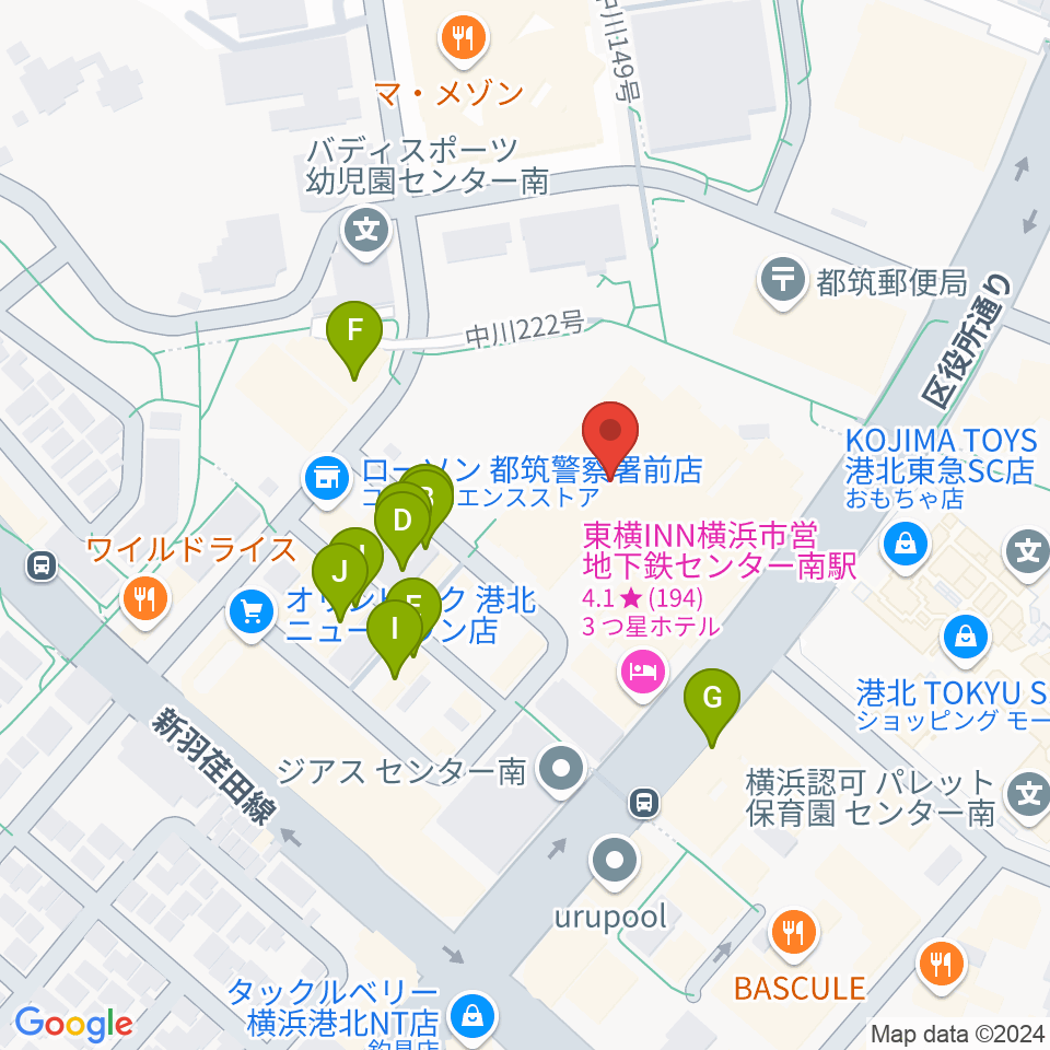 都筑公会堂周辺のファミレス・ファーストフード一覧地図