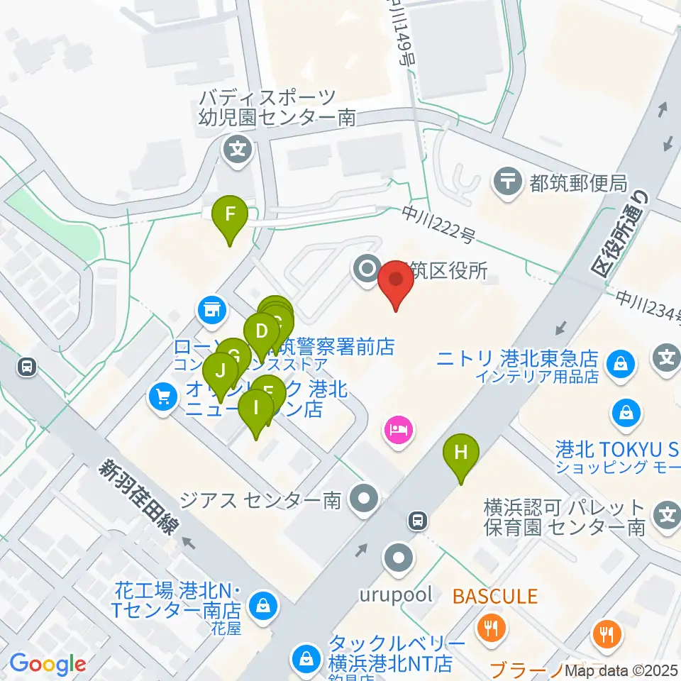 都筑公会堂周辺のファミレス・ファーストフード一覧地図