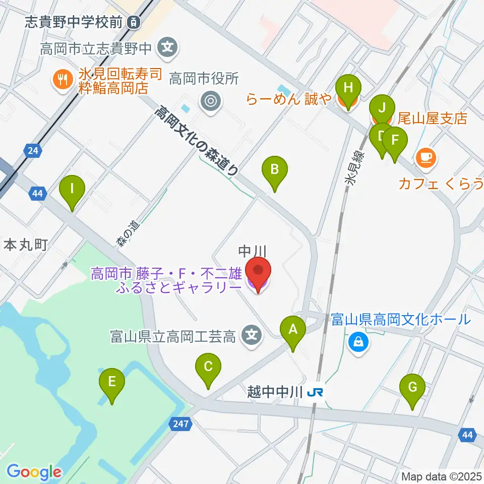 高岡市美術館周辺のファミレス・ファーストフード一覧地図
